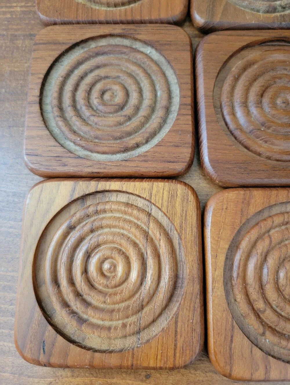 Vintage MCM Dolphin Teakwood 6 Piece Coaster Set & Caddy Mid-Century Modern